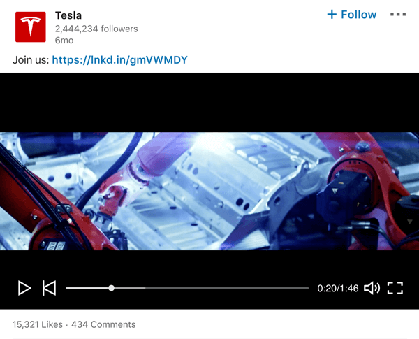 Primjer video zapisa o stranici tvrtke LinkedIn tvrtke Tesla.