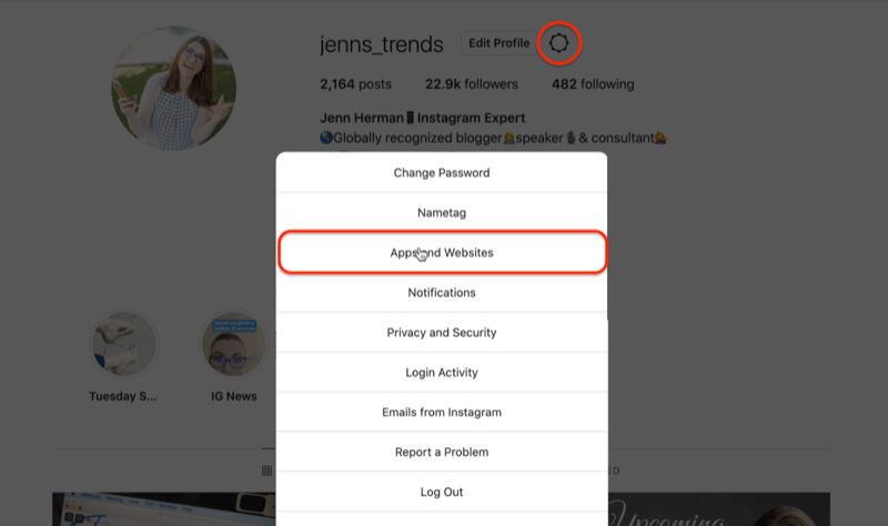 instagram profil ikona zupčanika uredi opcije izbornika postavki ističući opciju aplikacija i web stranica