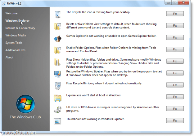 FixWin Windows Explorer popravlja snimku zaslona