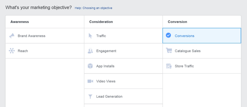Strategija marketinga na društvenim mrežama; Snimka zaslona cilja Konverzije u programu Facebook Ads Manager.