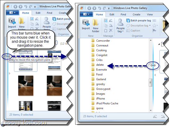 Promjena veličine navigacijskog okna u Windows Live Photo Gallery