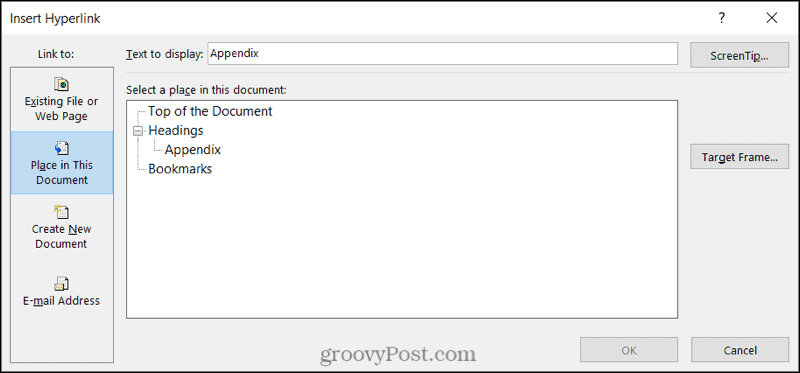Veza do mjesta dokumenta u programu Word u sustavu Windows