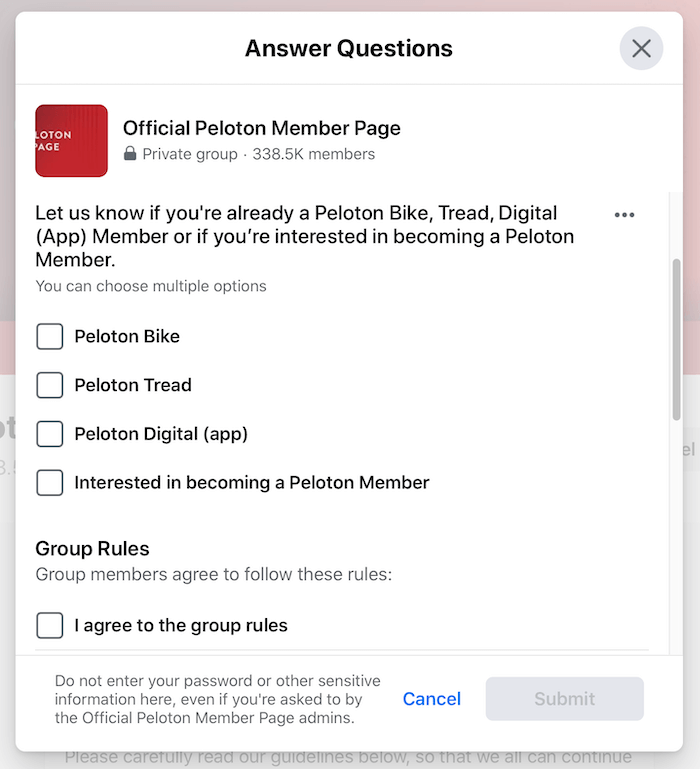 primjer pitanja za skrining facebook grupe za službenu grupu stranica člana pelotona