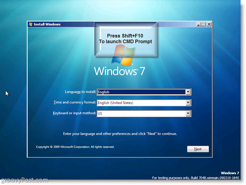 Instalacija Windowsa 7 - Pokrenite CMD prompt pomoću Shift + F10