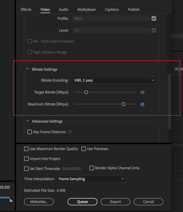 Postavka za promjenu brzine prijenosa na vašem Adobe Premier Pro izvozu video zapisa.