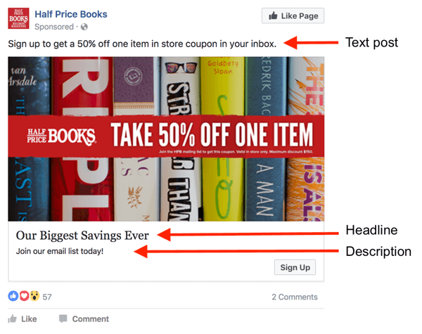 Postoje tri područja za tekst u Facebook oglasu.