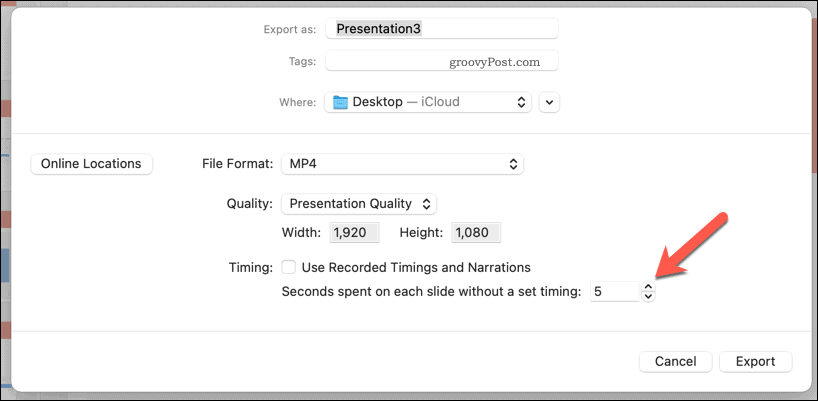 Korištenje ručnog određivanja vremena za izvezeni videozapis u programu PowerPoint na Macu