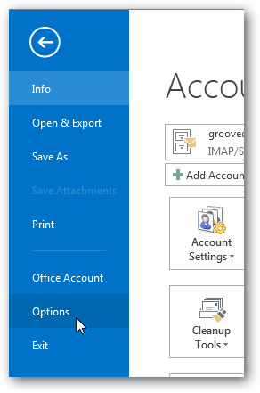 gumb opcija u programu Outlook 2013