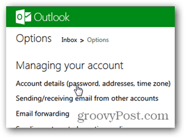 promjena zaporke Outlook.com - kliknite pojedinosti računa