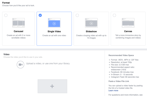 Odaberite Single Video kao Facebook format oglasa, a zatim prenesite video.