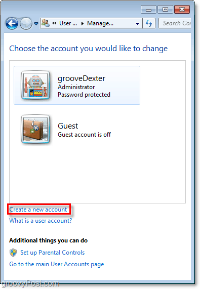 na stranici za pregled računa Windows 7 koristite vezu da biste stvorili novi račun