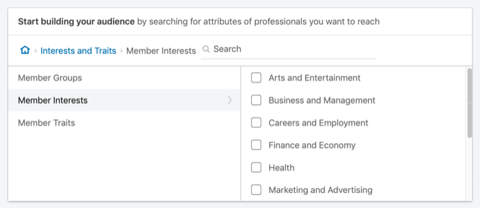 ciljajte LinkedIn oglase prema interesima članova