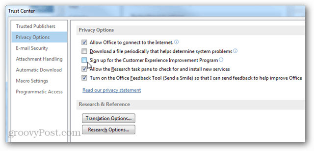 Kako se isključiti iz programa poboljšanja korisničkog iskustva Microsoft Officea