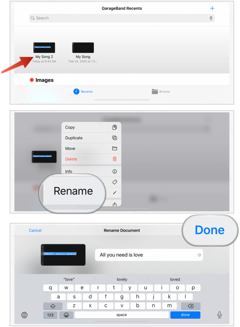 GarageBand preimenovati datoteku