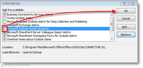 Kako ukloniti ili onemogućiti Outlook Social Connector u sustavu Office 2010