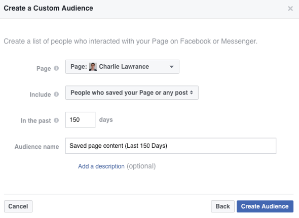 Stvorite prilagođenu publiku ljudi koji su spremili vašu Facebook stranicu ili post.