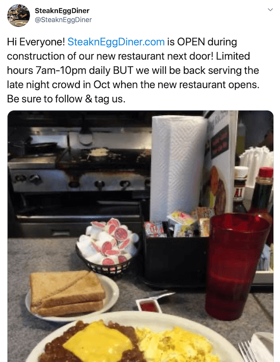 snimka zaslona twitter posta @steakneggdiner tweetajući ograničeno vrijeme tijekom gradnje njihova novog restorana
