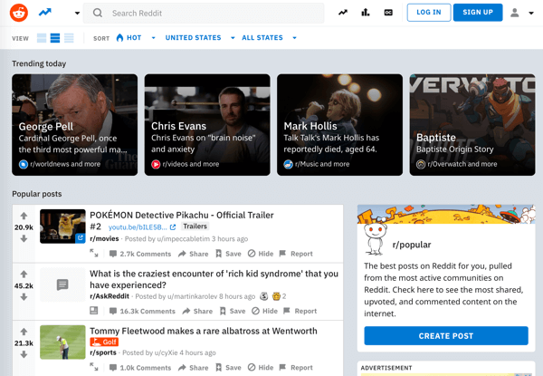 Kako plasirati svoju tvrtku na Reddit, primjer početne stranice Reddita i trendovske feedove sadržaja