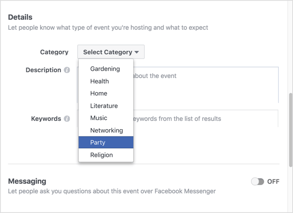 Odaberite kategoriju koja najbolje opisuje vaš virtualni Facebook događaj.