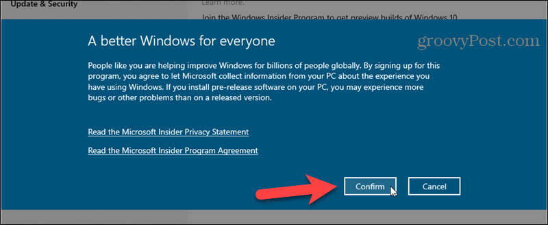Potvrdite prijavu na Windows Insider Program
