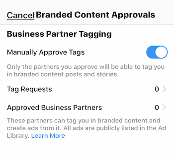 Postavke odobravanja sadržaja s robnom markom Instagram za poslovni profil