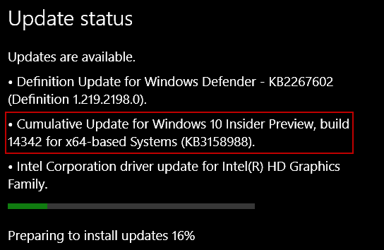 Windows 10 Ažuriraj KB3158988 za Preview Build 14342 za PC