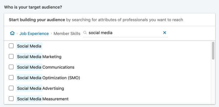 rezultati pretraživanja 'društvenih medija' za ciljanje vještina članova LinkedIn-a