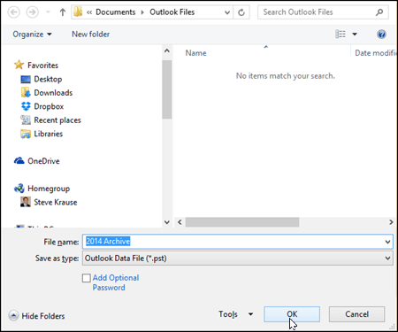Outlook 2016 - Odaberite ime i lokaciju PST datoteke