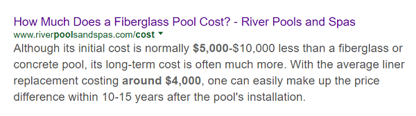 Članak River Poolsa o cijeni bazena od fiberglasa pojavljuje se prvo u potrazi za tom temom.