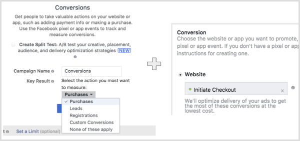 Stvorite Facebook kampanju s ciljem Web pretvorbe i odaberite radnju koju želite da vaša publika izvede.