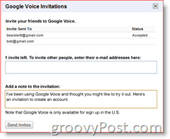 Snimka zaslona pozivnice za Google Voice