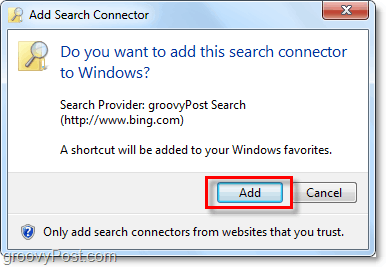 kliknite Dodaj kada vidite Windows 7 konektor za pretraživanje dodaj prozor