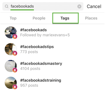 Kako strateški razvijati svoj Instagram, slijedeći, korak 9, pronaći relevantne hashtagove, primjer pretraživanja „facebookads“