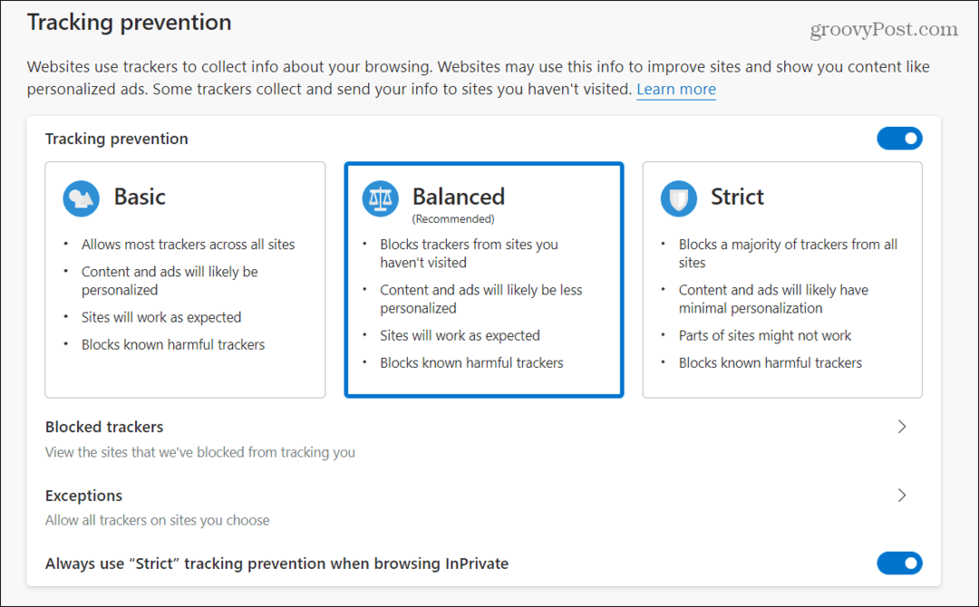 Kako upravljati prevencijom praćenja u programu Microsoft Edge