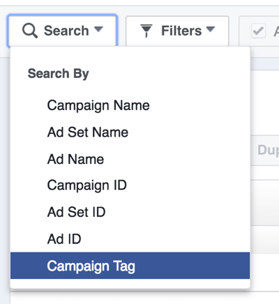 Potražite Facebook oglasne kampanje prema oznakama.