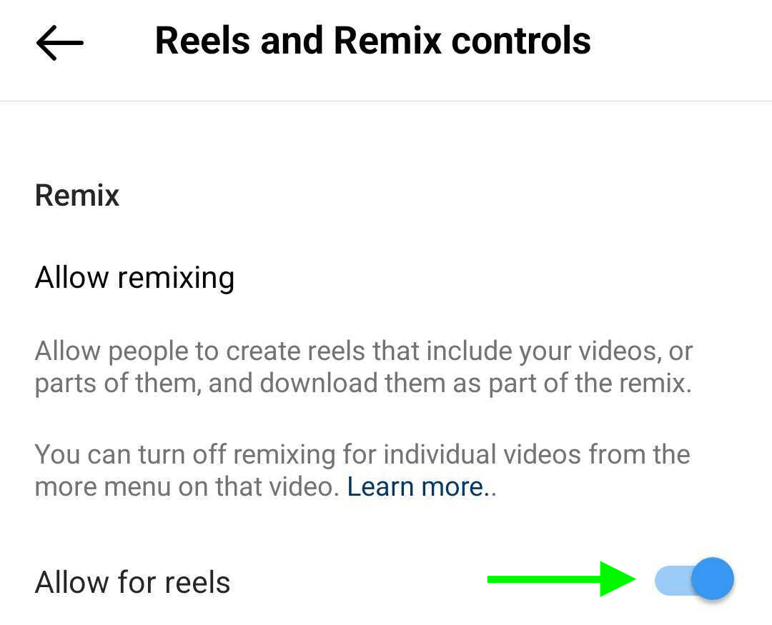 slika Reels and Remix Controls u postavkama poslovnog profila na Instagramu