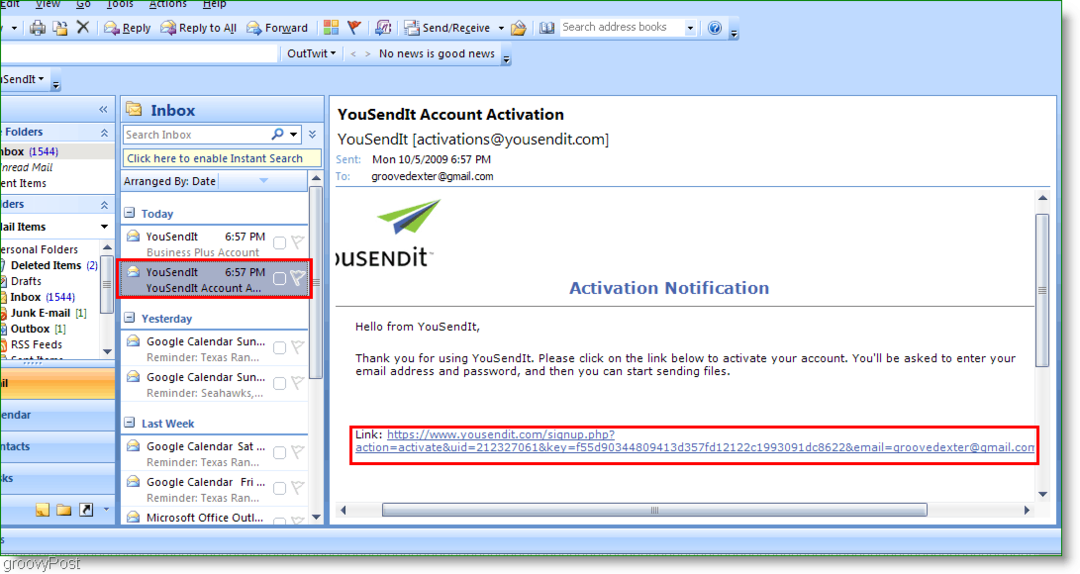 YouSendIt Aktivacijska veza u programu Outlook