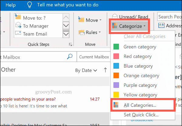 Izbornik kategorizacije za kategorije boja u programu Outlook
