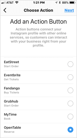 Odaberite gumb za akciju da biste ga dodali na svoj poslovni profil na Instagramu.