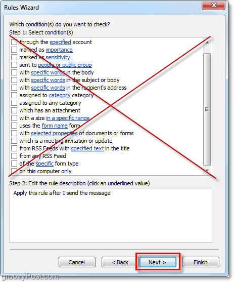 ne odaberite bilo kakve uvjete za Outlook 2010 poslane e-poruke