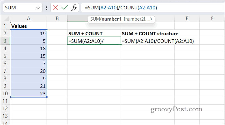 Izračunavanje prosjeka pomoću SUMCOUNT u Excelu