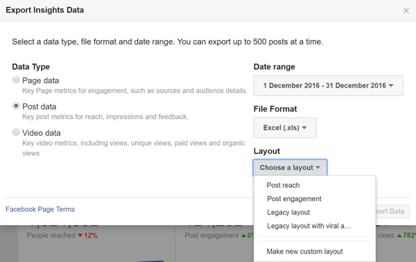Odaberite izgled prilikom izvoza vašeg Facebook Post Data Insightsa.