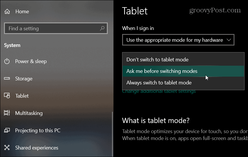 postavke tableta Windows 10