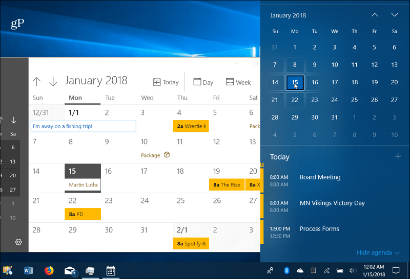 Kalendar događanja Windows 10 traka sa zadacima