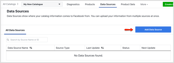 Gumb Dodaj izvor podataka na kartici Izvori podataka u Facebook katalogu