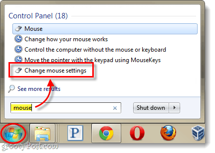 postavke miša na izborniku Windows Start