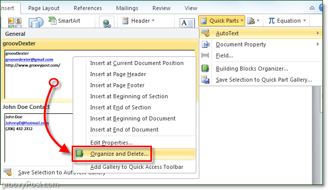 Vodič s uputama za korištenje brzih dijelova automatskog teksta u sustavu Office 2010
