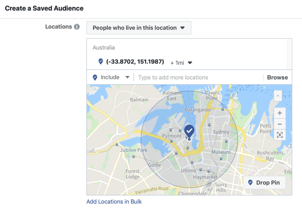 Kako promovirati svoj događaj uživo na Facebooku, korak 5, opcija za stvaranje spremljene publike na temelju lokacije događaja
