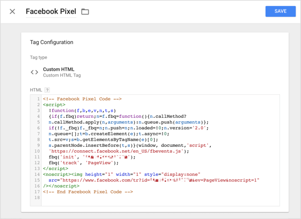 U Google upravitelju oznaka kliknite opciju Prilagođeni HTML i zalijepite kôd za praćenje koji ste kopirali s Facebooka u HTML okvir.
