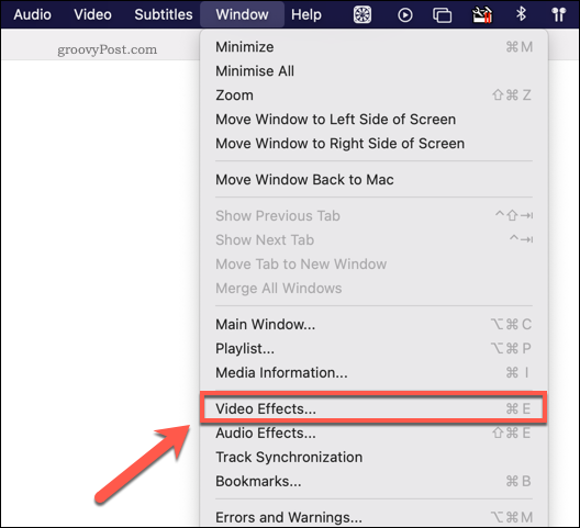 Pristup izborniku VLC video efekata na Macu